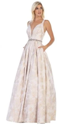 May Queen - RQ7715 Pleated V-Neck A-Line Evening Gown