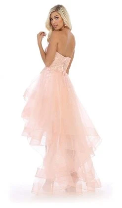 Formal Gowns May Queen - RQ7716 Strapless Lace Appliqued High Low Gown