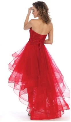 Formal Gowns May Queen - RQ7716 Strapless Lace Appliqued High Low Gown