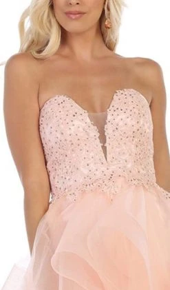 Formal Gowns May Queen - RQ7716 Strapless Lace Appliqued High Low Gown