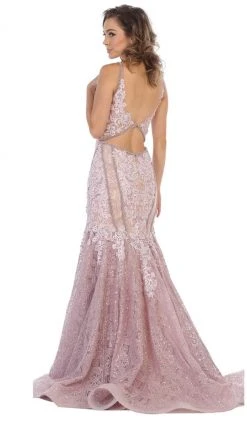 May Queen - RQ7735 Floral Lace Deep V-neck Mermaid Dress Formal Gowns