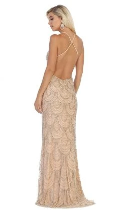 Formal Gowns May Queen - RQ7740 Embellished Halter Sheath Dress With Mini Train