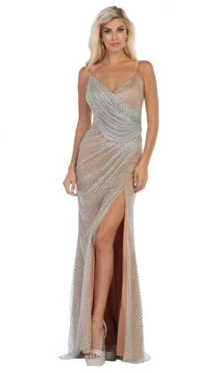 May Queen - RQ7762 Plunging V-neck Side Gathered Dress Formal Gowns
