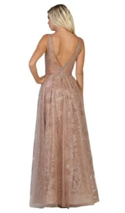 May Queen - RQ7769 Embellished Deep V-neck Pleated Ballgown