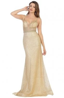 May Queen - RQ7782 Bedazzled Deep V-neck Trumpet Dress