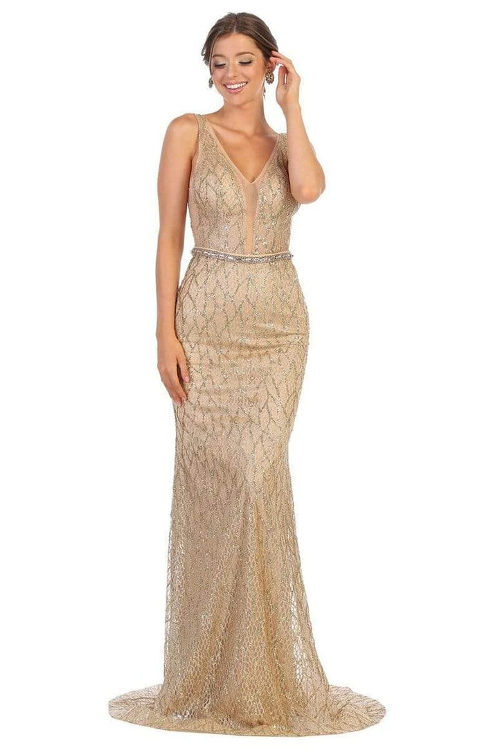 May Queen - RQ7783 Embellished Deep V-neck Trumpet Dress 3 May Queen - RQ7783 Embellished Deep V-neck Trumpet Dress