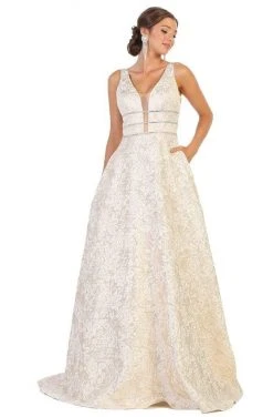 May Queen - RQ7787 Embroidered Deep V-neck A-line Gown