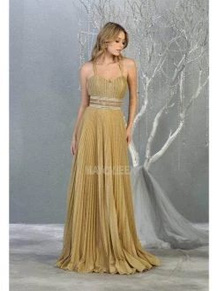May Queen - RQ7869 Sleeveless Pleated Long Dress - 1 Pc Gold In Size 6 Available