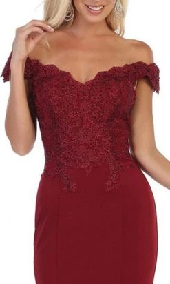 Formal Gowns May Queen - Scalloped Off-Shoulder Trumpet Dress MQ1675 - 1 Pc Burgundy In Sizes 6 Available