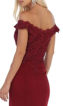 Formal Gowns May Queen - Scalloped Off-Shoulder Trumpet Dress MQ1675 - 1 Pc Burgundy In Sizes 6 Available