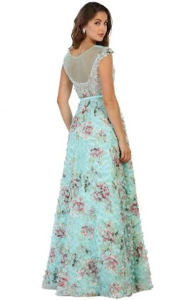 May Queen - Sheer Cap Sleeves Floral Embellished A-line Gown RQ7554 - 1 Pc Mint In Size O Available
