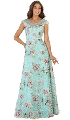 May Queen - Sheer Cap Sleeves Floral Embellished A-line Gown RQ7554 - 1 Pc Mint In Size O Available