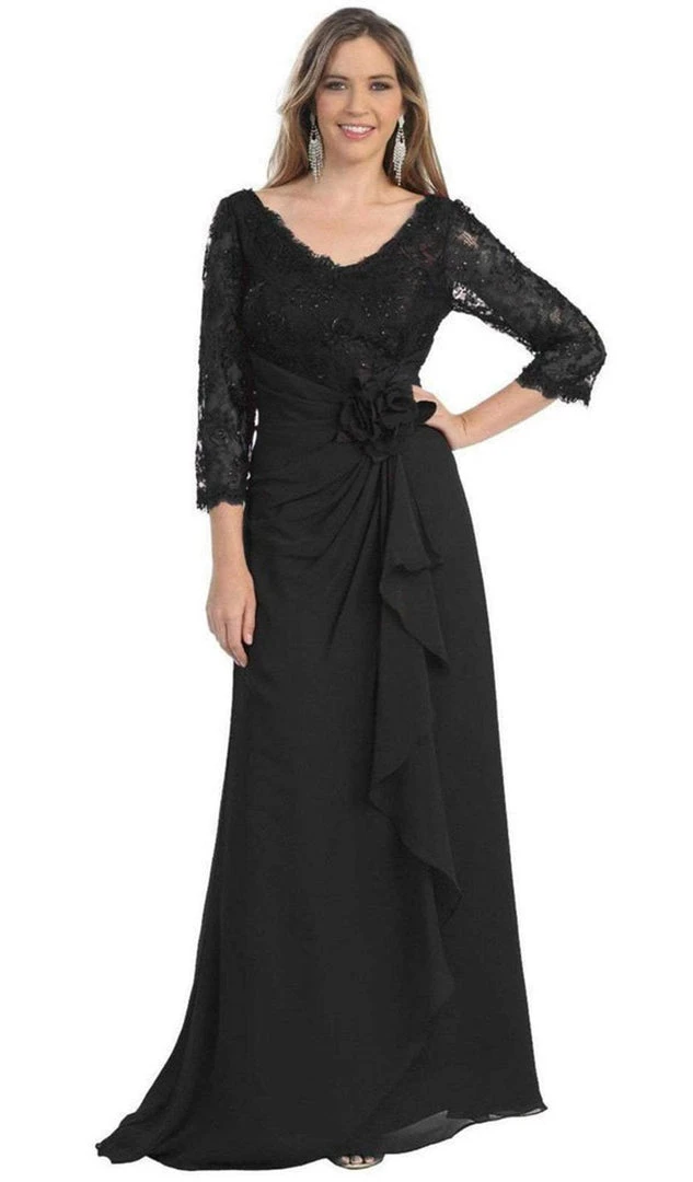 Formal Gowns May Queen - Sheer Long Sleeve Floral Accented A-Line Evening Dress 3 Formal Gowns May Queen - Sheer Long Sleeve Floral Accented A-Line Evening Dress