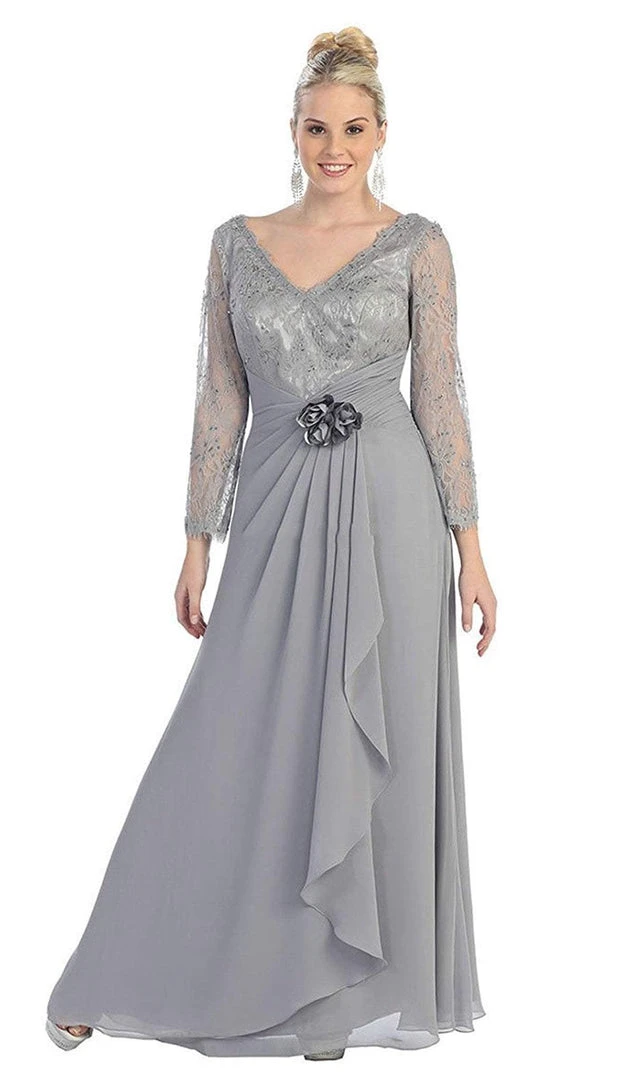 Formal Gowns May Queen - Sheer Long Sleeve Floral Accented A-Line Evening Dress 10 Formal Gowns May Queen - Sheer Long Sleeve Floral Accented A-Line Evening Dress