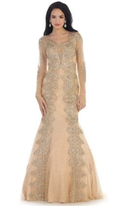 May Queen - Sheer Long Sleeve Rhinestone Embellished Evening Dress Formal Gowns