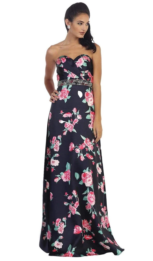 May Queen - Strapless Floral Print Evening Gown MQ1403 - 1 Pc Navy/Pink In Size 6 Available 3 May Queen - Strapless Floral Print Evening Gown MQ1403 - 1 Pc Navy/Pink In Size 6 Available