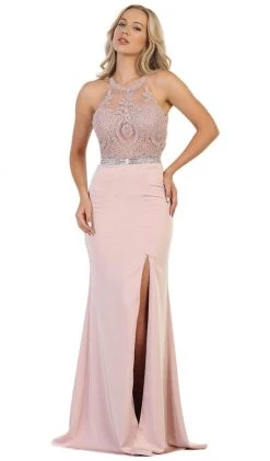 May Queen - Strappy Illusion Prom Dress With Slit Formal Gowns