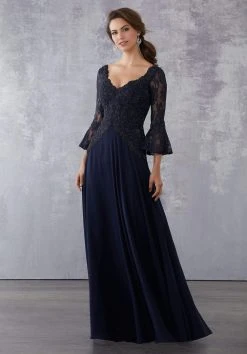 MGNY By Mori Lee - 71704 Embroidered Bell Sleeve V-neck A-line Dress Formal Gowns