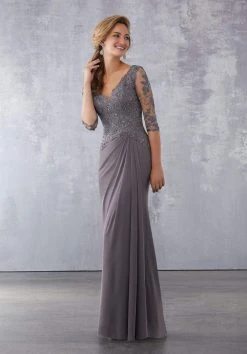 Formal Gowns MGNY By Mori Lee - 71728 Embroidered Plunging V-neck Sheath Dress