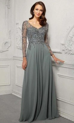 MGNY By Mori Lee - Appliqued V-Neck Evening Dress 72403SC - 1 Pc Silver Sage In Size 6 Available Formal Gowns