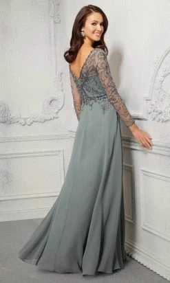 MGNY By Mori Lee - Appliqued V-Neck Evening Dress 72403SC - 1 Pc Silver Sage In Size 6 Available Formal Gowns