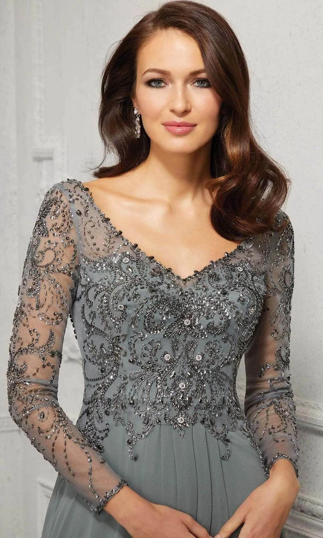 MGNY By Mori Lee - Appliqued V-Neck Evening Dress 72403SC - 1 Pc Silver Sage In Size 6 Available Formal Gowns 5 MGNY By Mori Lee - Appliqued V-Neck Evening Dress 72403SC - 1 Pc Silver Sage In Size 6 Available Formal Gowns