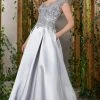 Formal Gowns MGNY By Mori Lee - Beaded Lace V-Neck Satin Dress 71904SC - 1 Pc Silver In Size 4 Available