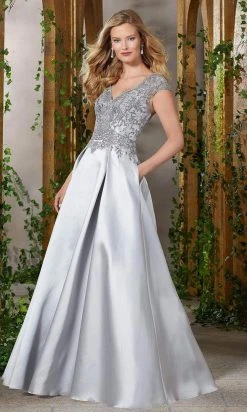 Formal Gowns MGNY By Mori Lee - Beaded Lace V-Neck Satin Dress 71904SC - 1 Pc Silver In Size 4 Available