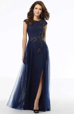 Formal Gowns MGNY By Mori Lee - Cap Sleeve Beaded Overskirt Dress 72102SC - 1 Pc Silver In Size 12 Available