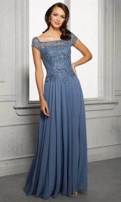 Formal Gowns MGNY By Mori Lee - Cap Sleeves Pleated A-Line Dress 72419SC - 1 Pc Slate In Size 10 Available