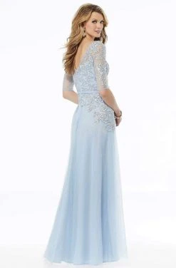 MGNY By Mori Lee - Illusion Beaded Lace A-Line Dress 72128SC - 1 Pc Light Blue In Size 18 Available Formal Gowns