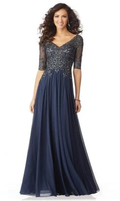 MGNY By Mori Lee - Metallic Embroidered A-Line Gown 71805SC - 1 Pc Indigo In Size 18 Available Formal Gowns