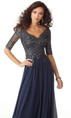 MGNY By Mori Lee - Metallic Embroidered A-Line Gown 71805SC - 1 Pc Indigo In Size 18 Available Formal Gowns