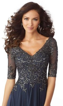 MGNY By Mori Lee - Metallic Embroidered A-Line Gown 71805SC - 1 Pc Indigo In Size 18 Available Formal Gowns