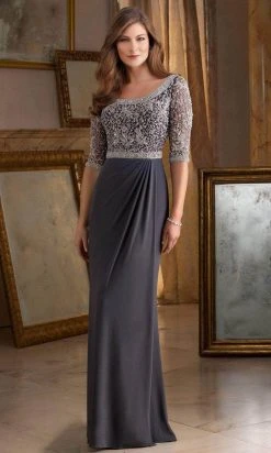 MGNY By Mori Lee - Quarter Sleeve Sheath Evening Dress 71401SC - 1 Pc Charcoal In Size 10 Available