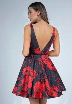 Milano Formals Printed Deep V-neck A-line Dress E2243- 1 Pc Black/Red In Size 18 Available Cocktail Dresses