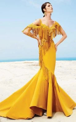 MNM Couture - 2347 Embellished Cold Shoulder Fringed Evening Gown Formal Gowns