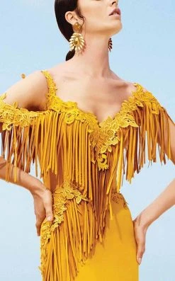 MNM Couture - 2347 Embellished Cold Shoulder Fringed Evening Gown Formal Gowns