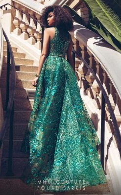 MNM COUTURE - 2416 Sleeveless Sequin Ornate Overlay Train Evening Gown
