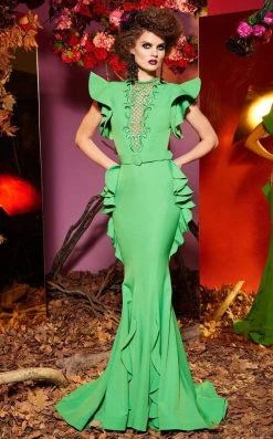 MNM Couture - 2432 Embroidered Lattice Illusion Cascade Mermaid Gown Formal Gowns