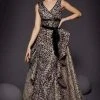 MNM COUTURE - 2446 Plunging V-Neck Leopard Print Peplum Gown