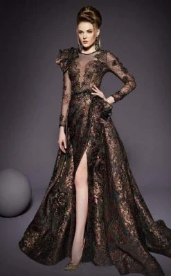 MNM COUTURE - 2455 Applique Illusion Jewel A-line Dress