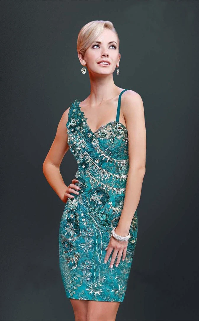 MNM COUTURE - Asymmetrical Beaded Cocktail Dress 8455S - 2 Pc Teal In Size 6 And 18 Available 3 MNM COUTURE - Asymmetrical Beaded Cocktail Dress 8455S - 2 Pc Teal In Size 6 And 18 Available