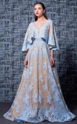 Formal Gowns MNM COUTURE - Floral Embroidered Deep V-neck A-line Gown K3571 - 1 Pc Blue In Size 8 Available