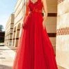 MNM COUTURE - Floral Embroidered V-neck A-line Gown F4884 - 1 Pc Red In Size 2 Available Formal Gowns