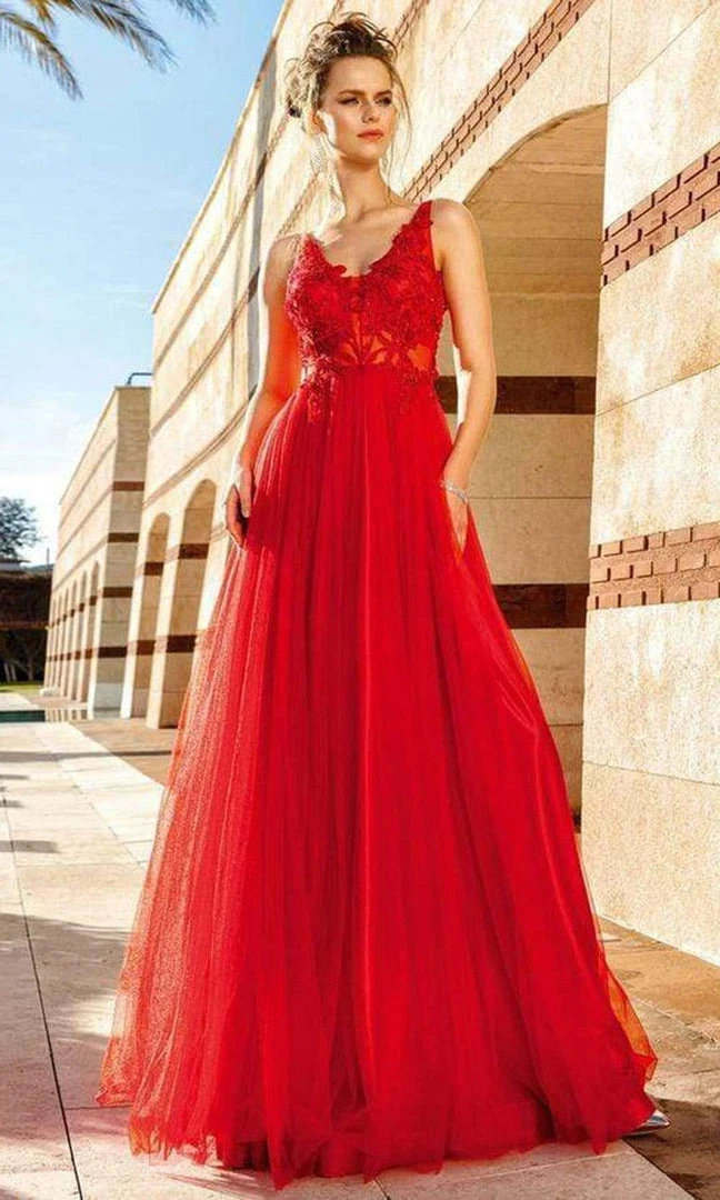 MNM COUTURE - Floral Embroidered V-neck A-line Gown F4884 - 1 Pc Red In Size 2 Available Formal Gowns 3 MNM COUTURE - Floral Embroidered V-neck A-line Gown F4884 - 1 Pc Red In Size 2 Available Formal Gowns
