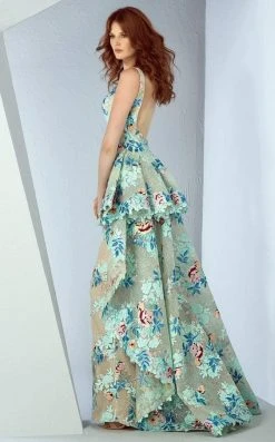 Formal Gowns MNM Couture - G0860 Floral V Neck Peplum Evening Gown