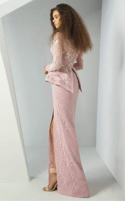 Formal Gowns MNM Couture - G0886 Long Sleeve Plunging V-Neck Split Peplum Lace Gown