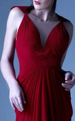MNM Couture - G0919 Illusion V Neckline Draped Pleated Evening Dress Formal Gowns