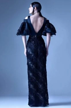 Formal Gowns MNM Couture - G0937 Sheer Fringed Evening Gown With Slit